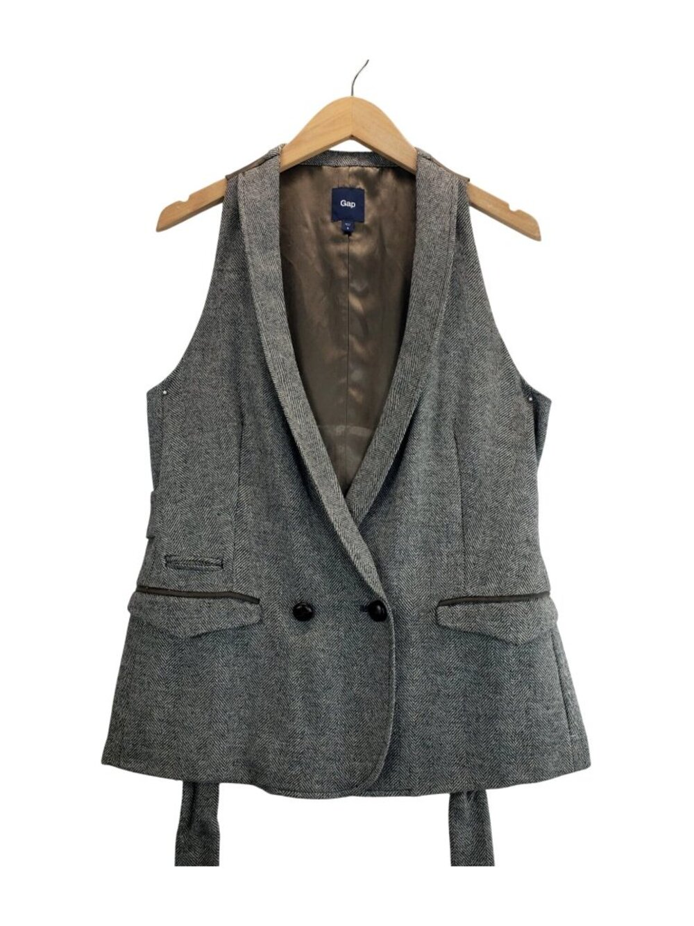 Womens Tweed Double-Breasted Vest S GAP Gray Herringbone Wool Blend Waistcoat